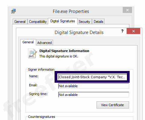 Screenshot of the Closed Joint-Stock Company "V.X. Technocom certificate